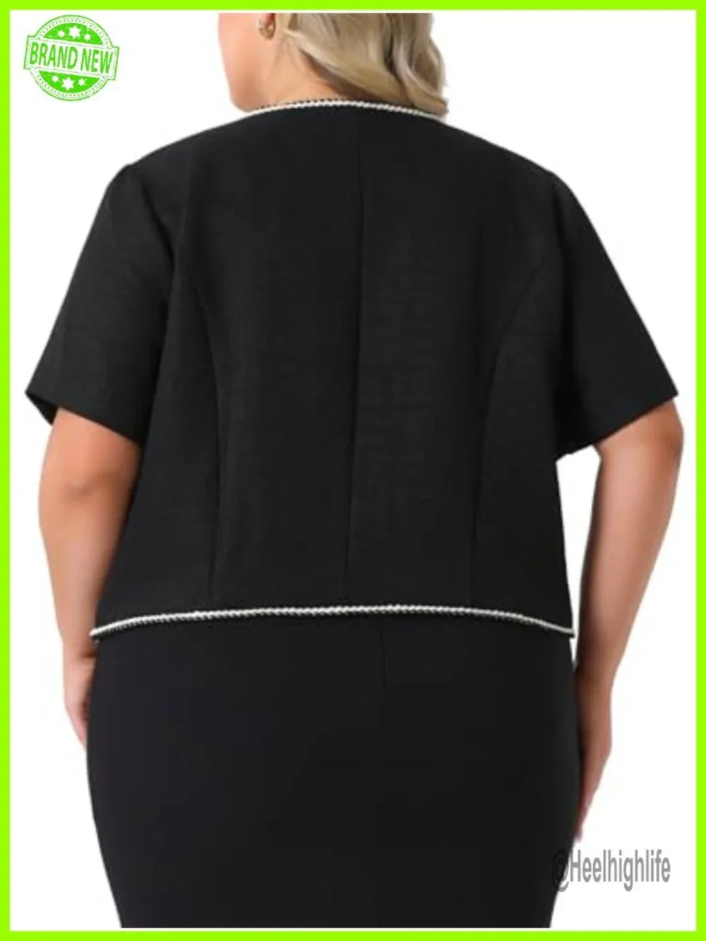 Plus Size Tweed Blazers for Women Collarless Short Sleeve Button Down Open